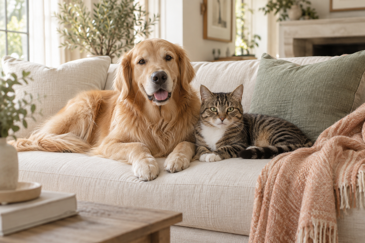 Hund und Katze entspannen gemeinsam auf einem hellen Sofa – KI-generiertes Markenmotiv